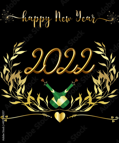 Phrase happy new year golden golden numbers two and zero two thousand and twenty two leaves heart line bottles