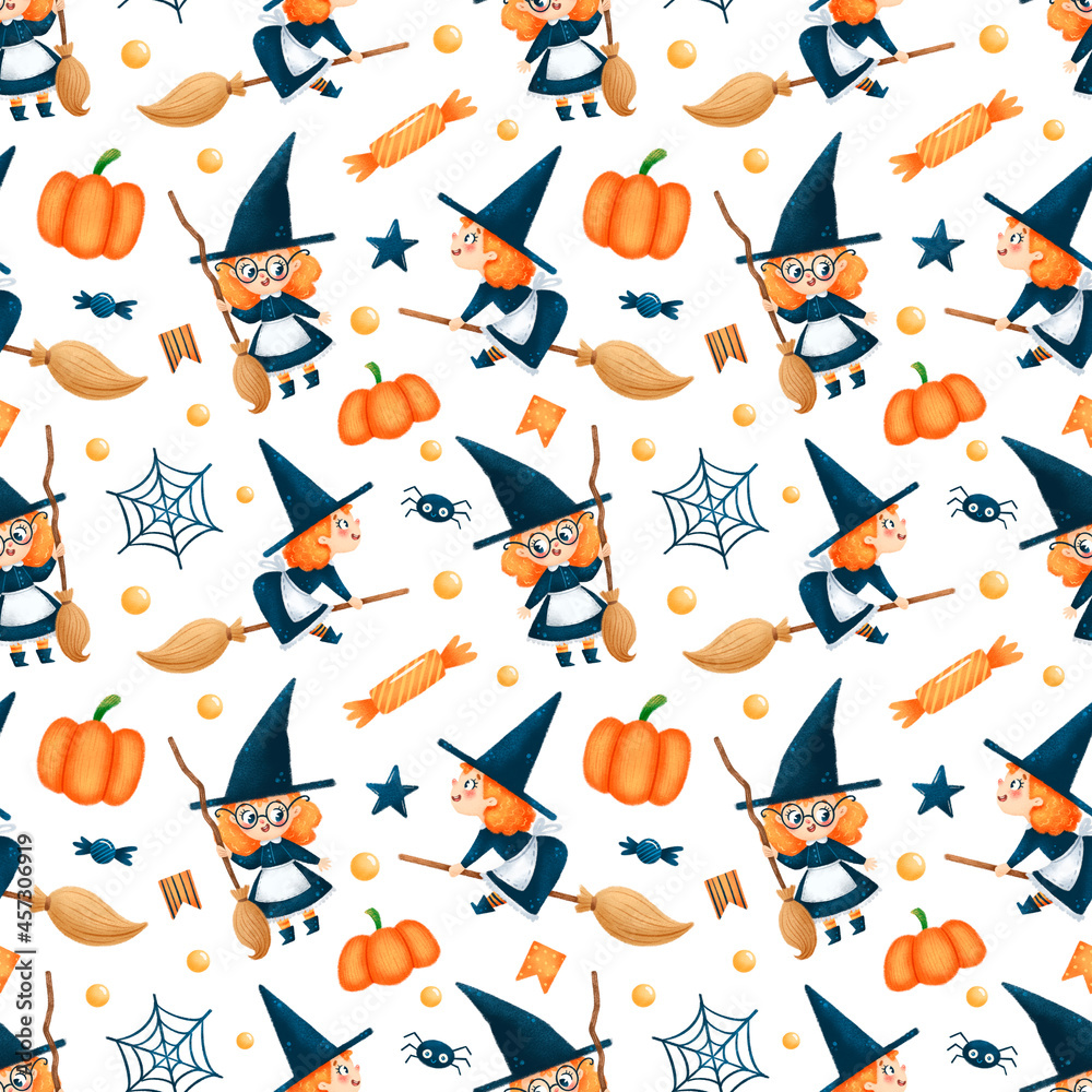 Cute cartoon halloween little witch seamless pattern