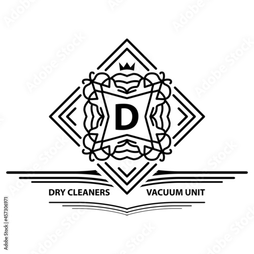 Sample of dry cleaning logo design. Square and rhombus with crown luxury symbol. Monogram template for shop, hair salon, hotel Spa and Premium brand identity. Emblem decor element. Vector illustration