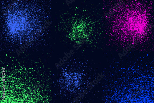 Round blue, green, pink neon colors explosin splash splatter elements isolated on black. Artistic circles spray paint grunge abstract background set, vector illustration for your design