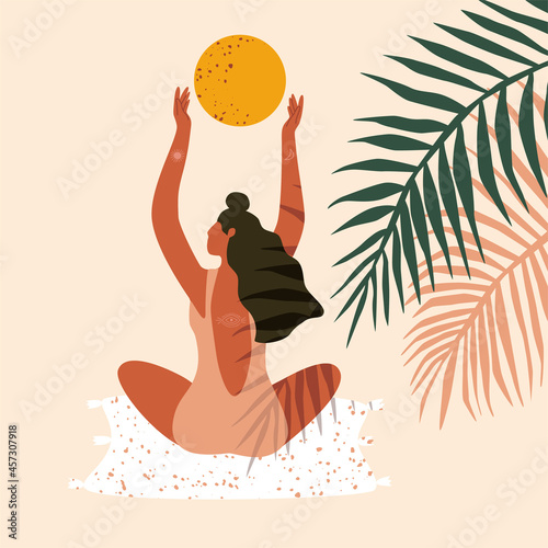 Young girl on the beach with branches of palm trees. Concept female power. Boho style portrait. Hand drawn vector illustration.
