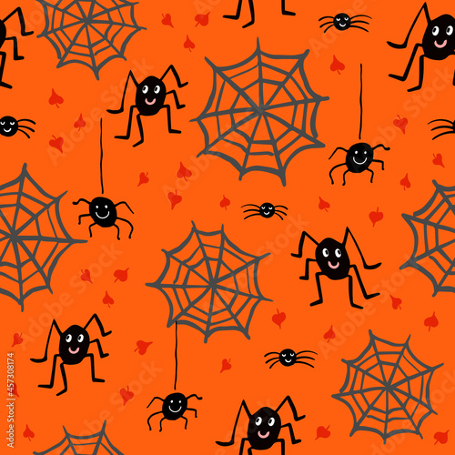 Seamless vector repeat pattern with cute spiders, tiny leaves and spider webs on bright orange background. Adorable cute modern sophisticated Halloween character backdrop.
