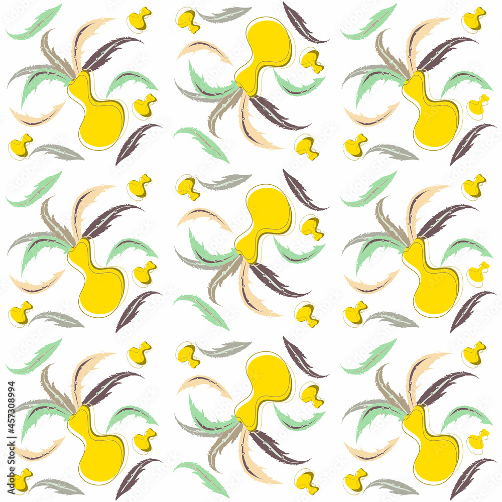 Obraz premium Vase fabric pattern, with feathers, floating, colorful, vector illustration, textile, seamless.