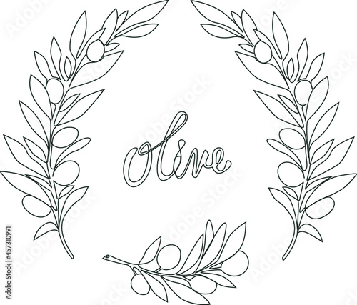 Olive tree branches with olives and leaves in the form of a frame, lettering in the center. Vector line art illustration.
