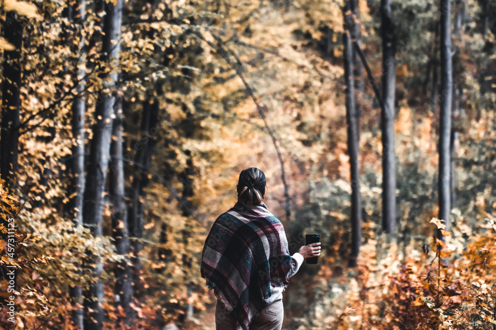Autumn girl standing backwards and watching nature. Autumn forest colors with girl back view. Outdoor autumn landscape. Orange autumn portrait. Orange tranquility - woman watching woods outdoor