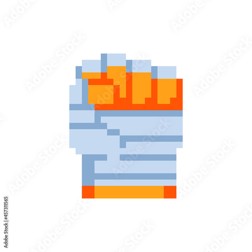 Fist with bandage. Martial arts logo. Athletic hands icon. Pixel art style. 8-bit sprite. Game assets. Isolated abstract vector illustration. 