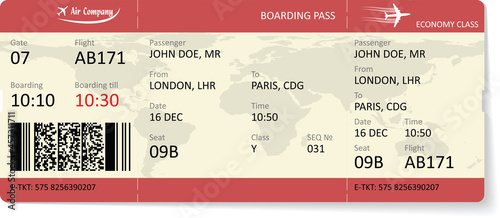 Red boarding pass ticket for travel by plane. Isolated on white background