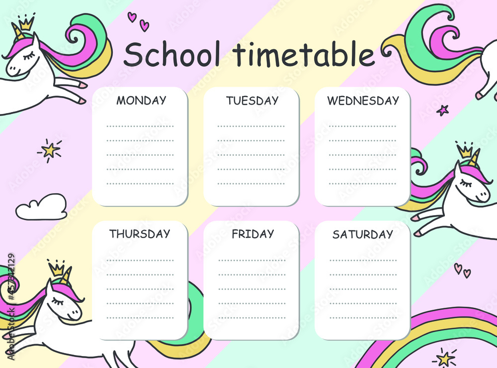 Template school timetable for students or pupils. Vector illustration for  design of unicorns with a stars on a rainbow background with clouds. Stock  Vector | Adobe Stock