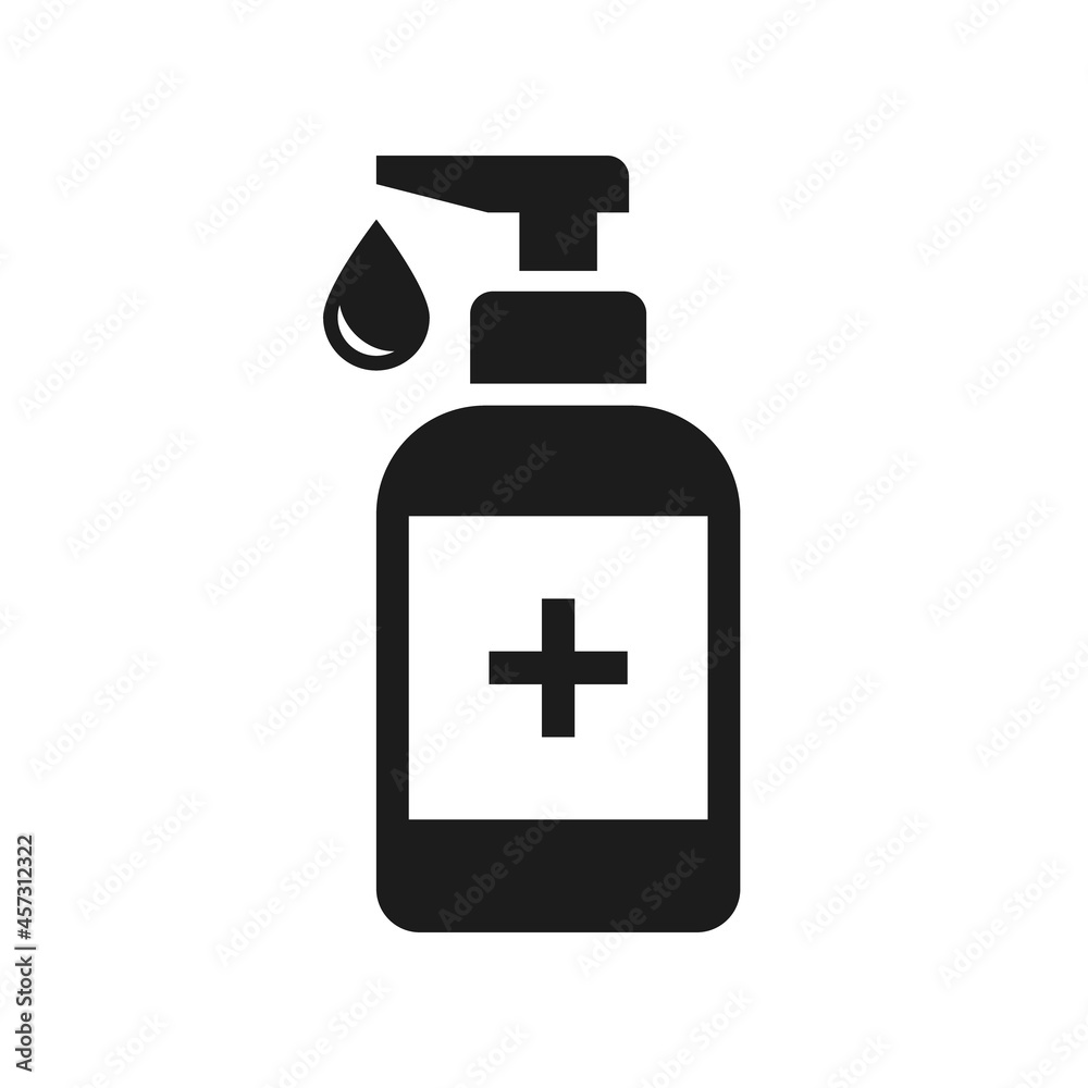 Sanitizer pictogram with lotion drop and medical cross. Black and white, isolated vector clip art. Sanitizer pictogram with lotion drop and medical cross. Black and white, isolated vector clip art.