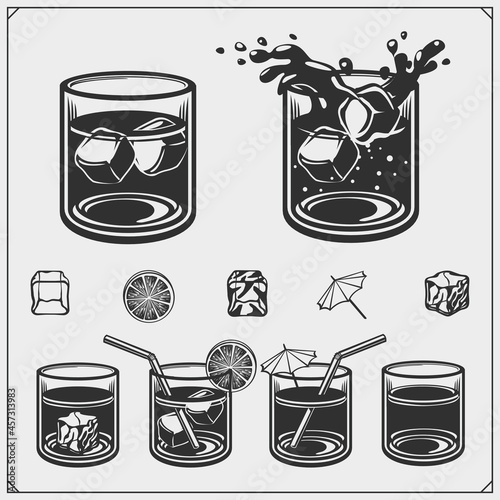 Whiskey with ice set. Pub emblems and design elements.