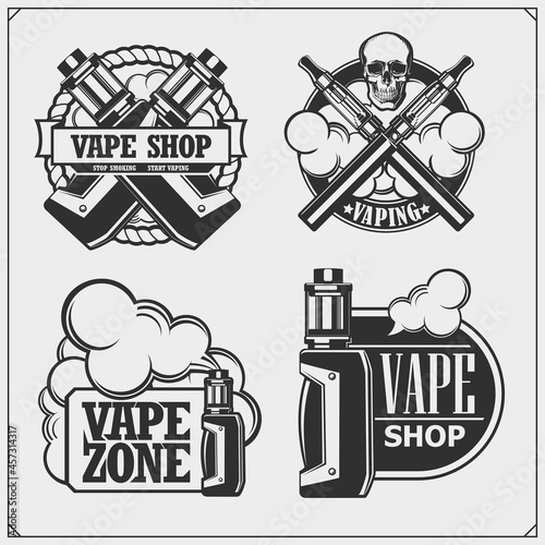 shop, label, steam, badge, style, sign, beard, template, element, vintage, city, grange, symbol, zone, club, vip, brutal, bearded, emblem, men, young, male, set, vaping, illustration, smoke, vapor, ni
