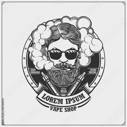 shop, label, steam, badge, style, sign, beard, template, element, vintage, city, grange, symbol, zone, club, vip, brutal, bearded, emblem, men, young, male, set, vaping, illustration, smoke, vapor, ni