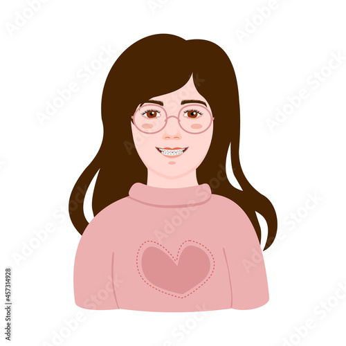 The face of the girl in glasses with braces. Vector portrait of a smiling brunette girl in a pink sweater.