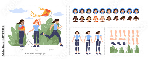 Constructor or character creation kit - girl. A set for creating a character in front, profile and 3/4 with types of faces, hair color, emotions, body parts, gestures. Flat cartoon vector.