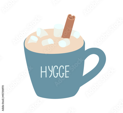 Cup of hot chocolate with foam, marshmallows and cinnamon. Hand-drawn vector illustration with an inscription.