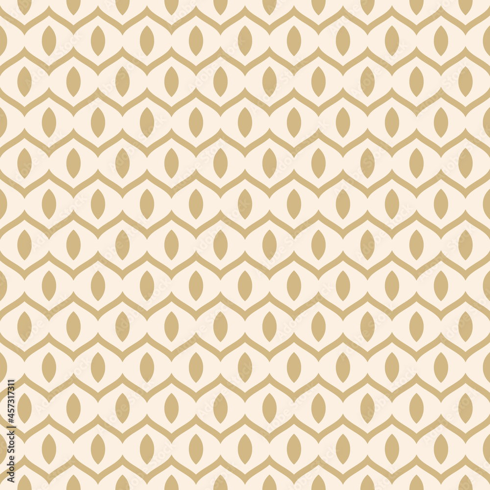 Vector abstract geo seamless pattern with curved shapes, wavy lines, mesh, grid, lattice, weaving. Gold background texture. Design is used as a design for wallpaper, carpet, cover