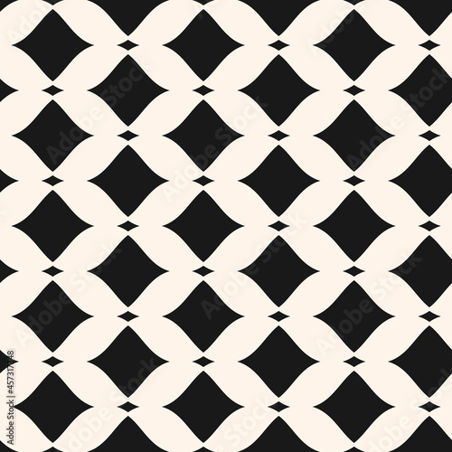 Abstract vector mesh pattern. Seamless illustration with diamond grid and wavy, curved black and white shapes. The simple pattern is used in wallpapers, prints, packaging, covers and textiles.