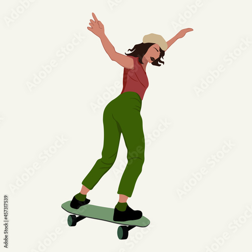 Beautiful girl in stylish clothes and a skateboard. Skater.