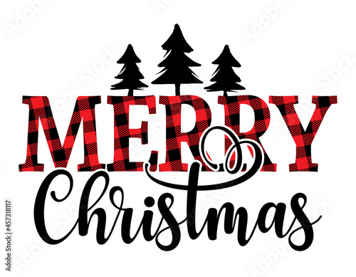 Merry Christmas, Merry Xmas - text with Red and black tartan plaid Scottish buffalo Pattern. Greeting card text Calligraphy phrase for Christmas or other gift. Xmas greetings cards, invitations.