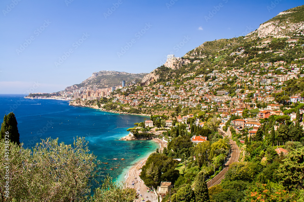 Beautiful views of the Cap-Martin seacoast and the Buse beach, Roquebrune bay, Monte-Carlo Bay.French riviera, France, Europe.