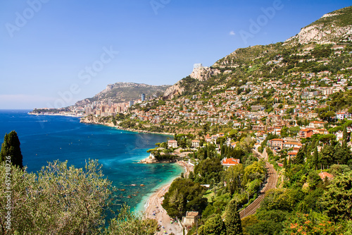 Beautiful views of the Cap-Martin seacoast and the Buse beach, Roquebrune bay, Monte-Carlo Bay.French riviera, France, Europe. © SNAB