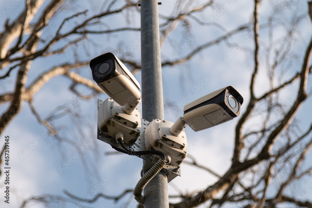 Video surveillance cameras in the city park among the trees. Observing people in the city. Street safety Video surveillance cameras in the city park among the trees. Observing people in the city. Street safety
