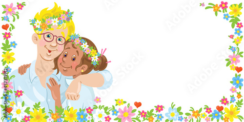 Young happy couple in flower wreaths. A man and a woman are hugging. Banner in cartoon style. Invitation card for a wedding, anniversary. Place for your text. Isolated on white. Vector illustration.