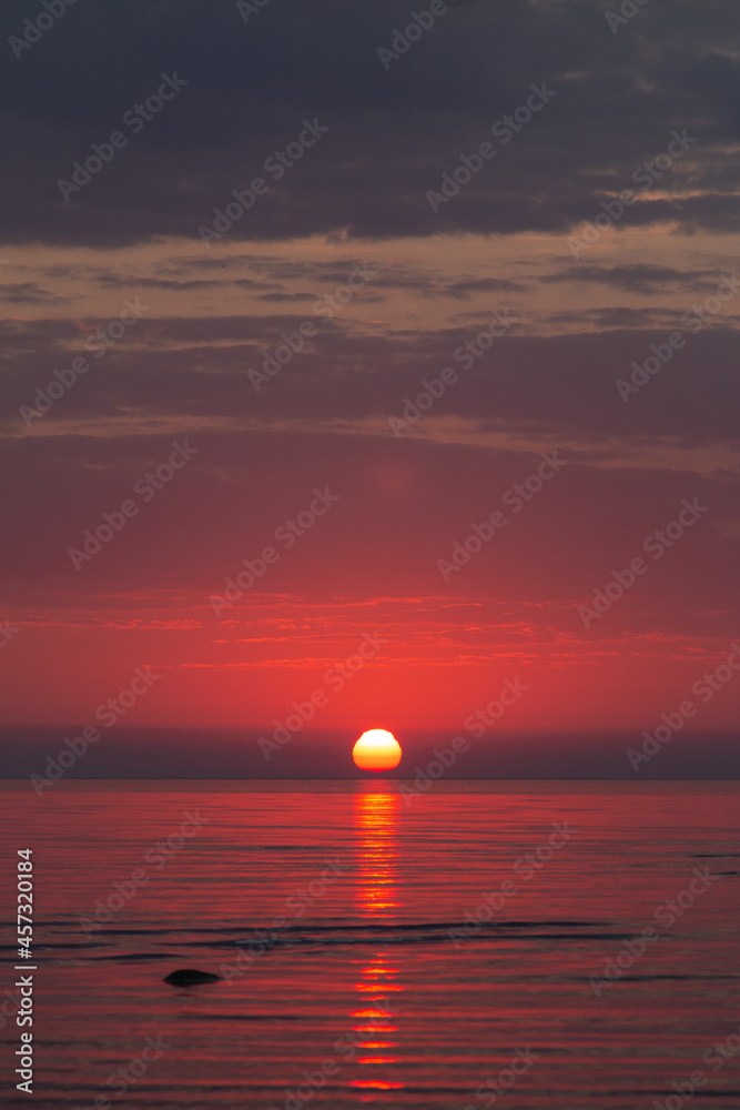 Red sunrise in the baltic sea. Beautiful seascape