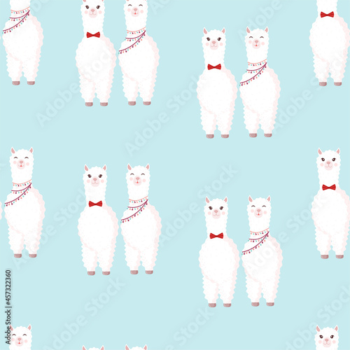 Seamless pattern with lamas lovers on a blue background. Vector illustration suitable for baby texture, textile, fabric, poster, Valentines day greeting card, decor. Cute alpaca from Peru.
