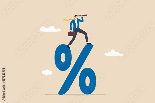 Interest rate forecast, FED and Central bank financial policy, search for investment profit or banking loan payment concept, confident businessman climb up percentage sign see vision on telescope.