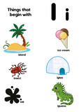 Things that start with the letter I. Educational, vector illustration for children.