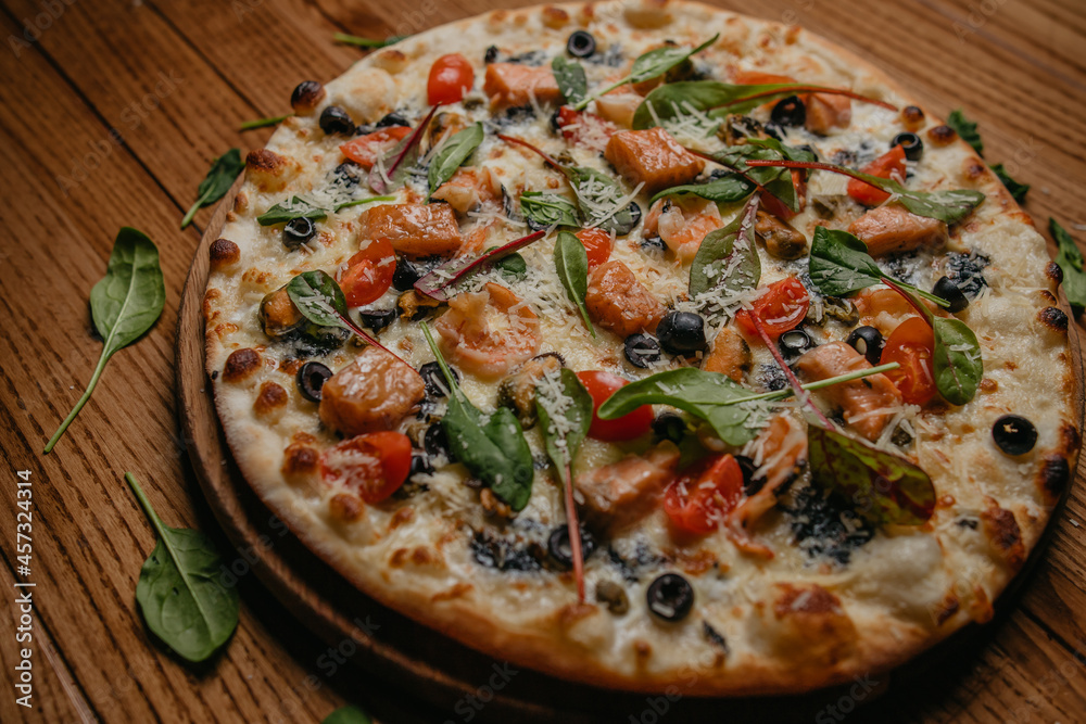 pizza with mussels and salmon pizza with mussels and salmon
