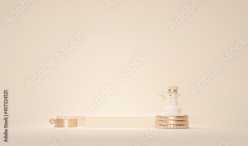 Minimal scene with snowman and golden, pastel background. Podium, stand for christmas holiday winter concept and poster, banner, cover card, brochure, studio, mockup. 3d render