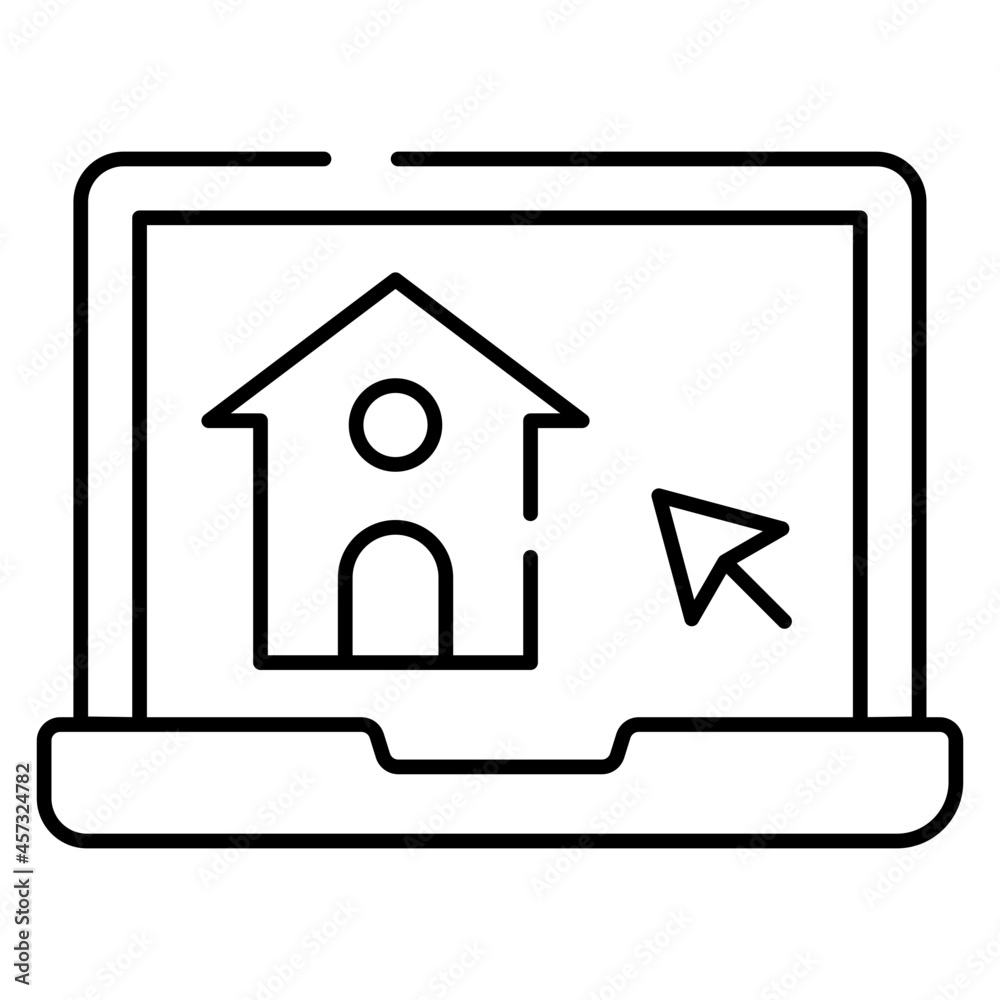 Home building inside laptop, icon of online real estate Home building inside laptop, icon of online real estate