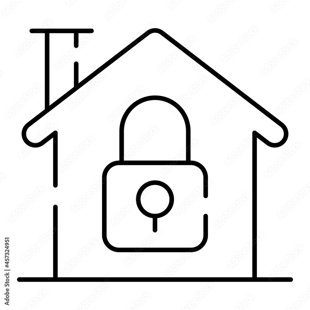 Padlock with house building, linear design of locked home Padlock with house building, linear design of locked home