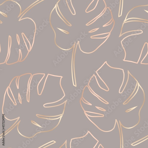 Contour golden palm leaves on a grey background. Seamless vector pattern