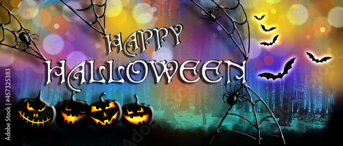 Halloween banner. Orange halloween illustration with scary pumpkins, spiders, spider webs and bats.