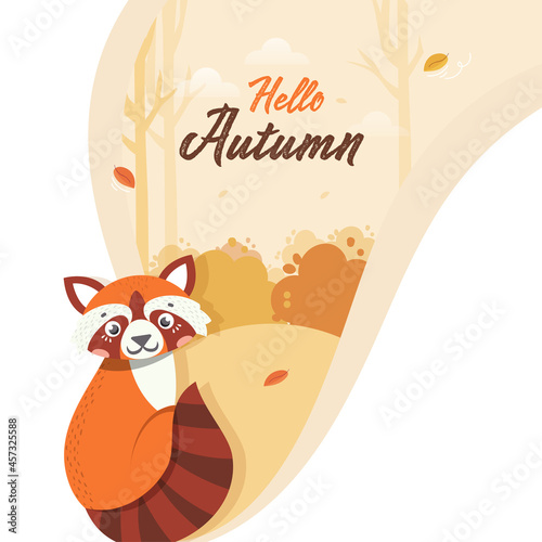Hello Autumn Celebration Background With Cartoon Raccoon.