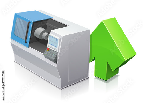 CNC machine tool with a green rising arrow