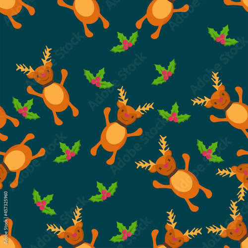 Cartoon Reindeer And Holly Berries Decorated On Blue Background.