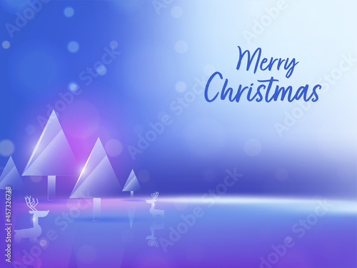 Merry Christmas Concept With Crystal Or Glass Xmas Trees, Reindeer On Shiny Blue Background.