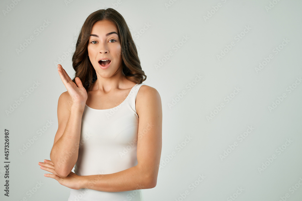 woman in t shirt hairstyle fashion skin care posing woman in t shirt hairstyle fashion skin care posing