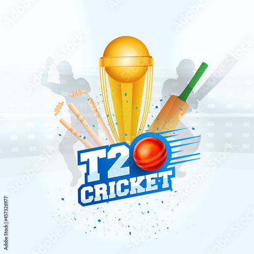 Sticker Style T20 Cricket With Red Ball, Bat, Hit Stump, 3D Golden Trophy Cup And Silhouette Players On Stadium Background.