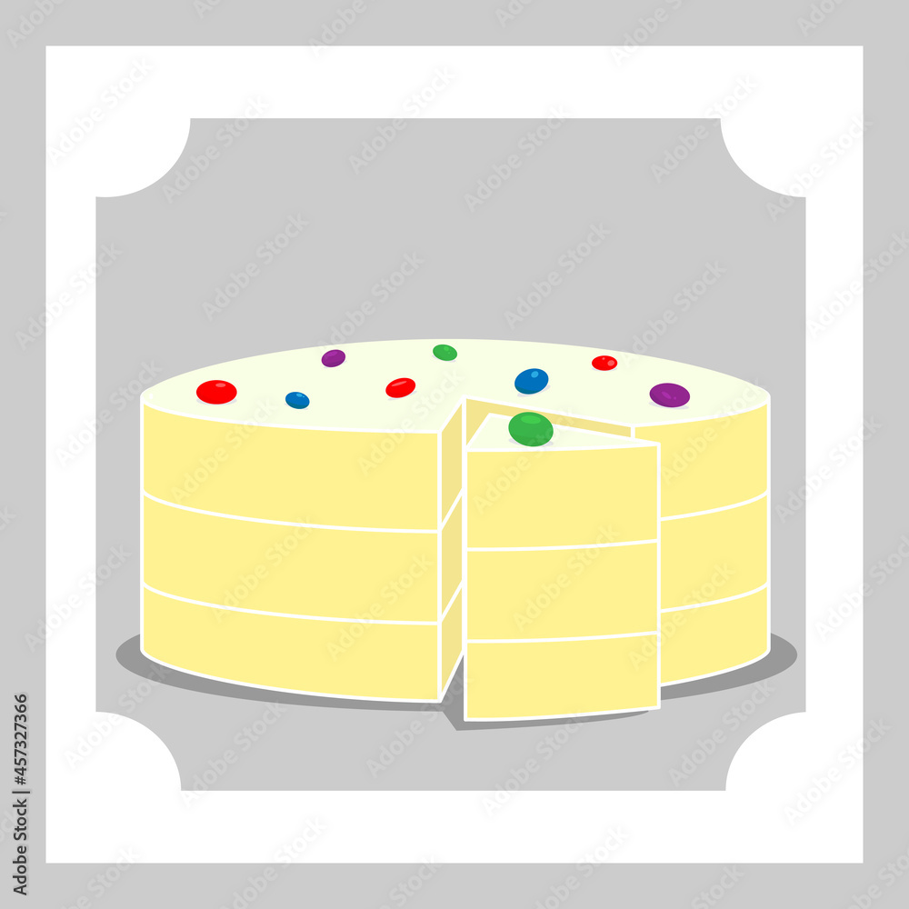 White biscuit cake with colorful chocolates in flat design