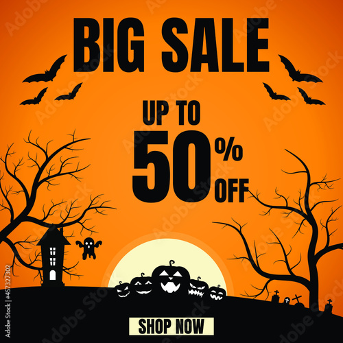 50 Percent Off, Halloween Big Sale Sign, Discount Sign Banner or Poster. Special offer price signs