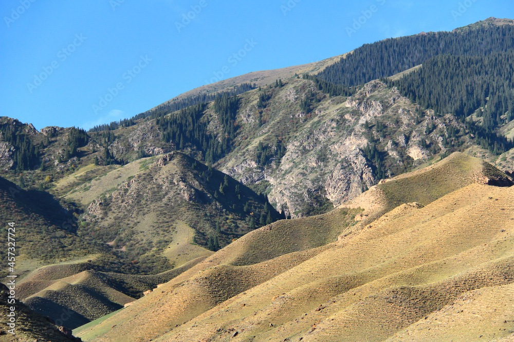 Mountains of different breeds, on the right a yellow sandy-clay hills with beautiful bends, grass and stones, in the background large mountains with rocks and forest, day, sunny, clear sky