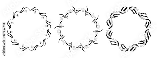 Set of vector wreaths in black ink on a white background. Flowers and herbs are hand drawn. Natural plants from сhamomile, aster. Botany and flora. Round design for medicine, postcards, cosmetics.