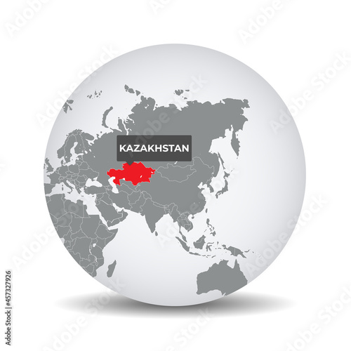 World globe map with the identication of Kazakhstan. Map of Kazakhstan. Kazakhstan on grey political 3D globe. Asia map. Vector stock.