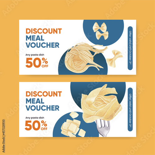 Voucher template with pasta cancept,watercolor style