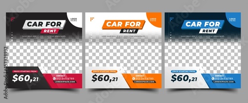 Set of Social media post template design for car rental or auto services. Modern promotional banner with place for the photo. Usable for social media, banner, and website.